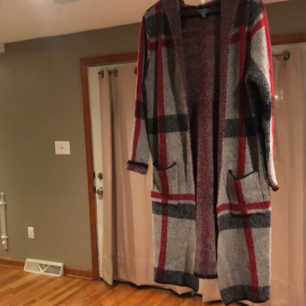 Plaid hooded long sweater coat. Size M